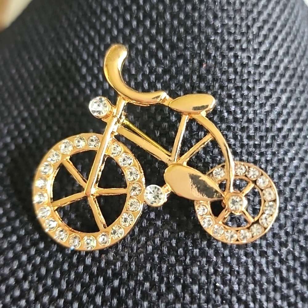 High Wheel Bicycle Rhinestone Pin Brooch Gold Tone Bike Vintage  Retro
